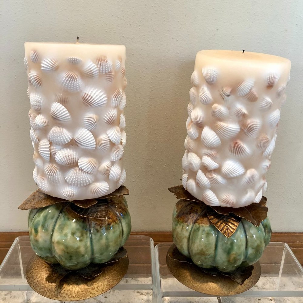 Bombay Company Large 5” Glazed Ceramic Metal Pumpkin Artichoke Candle Holder New